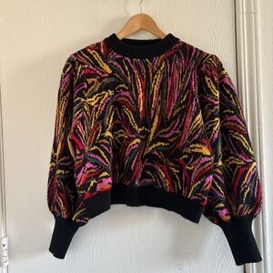 Farm Rio Women’s Shiny Zebra Intarsia Knit Sweater Multicolor Sz M Puff Sleeves